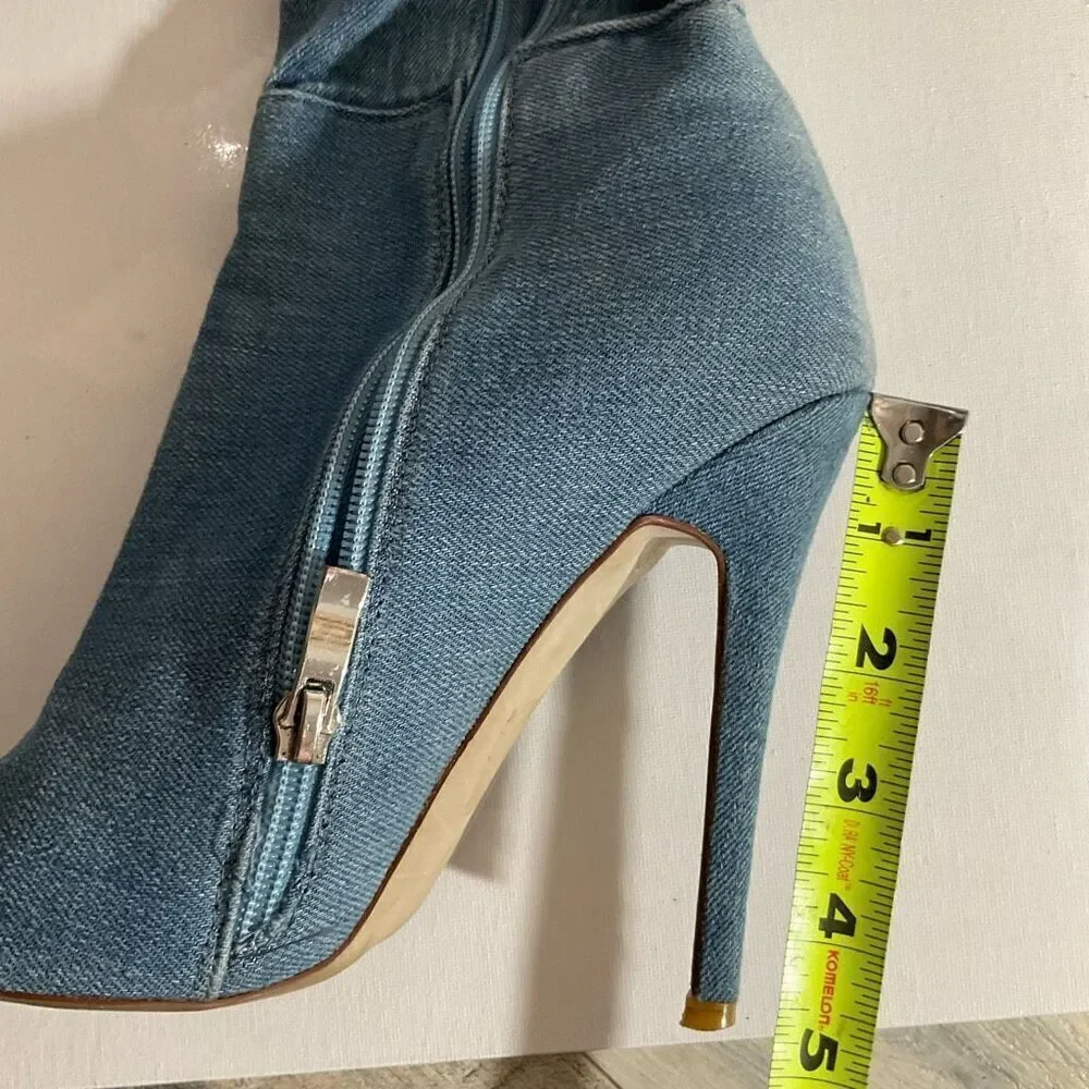 Lola Shoetique Denim Open Toe, High Heel , knee High Boots size 7